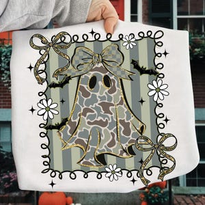 Preppy Camo Ghost PNG, Preppy Halloween Ghost Png, Camo Ghost Bow Png, Girly Spooky Season Png, Floral Ghost Sublimation, Candy Hunter