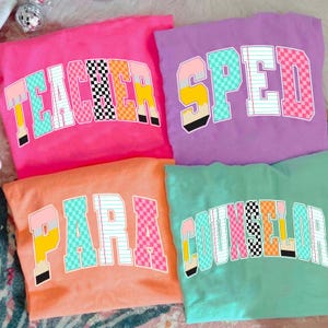 Custom Retro School Occupation PNG Bundle, Back to School Teacher Sped Para Counselor Bow, Preppy First Day of School Checkered Girly Png