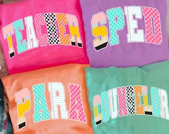 Custom Retro School Occupation PNG Bundle, Back to School Teacher Sped Para Counselor Bow, Preppy First Day of School Checkered Girly Png