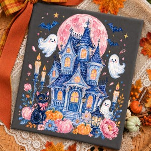 PNG de casa embrujada de moda, sublimación de fantasma de Halloween de moda, diseño de camiseta de temporada espeluznante para chicas, PNG de calabaza floral de otoño de moda, dibujado a mano imagen 1