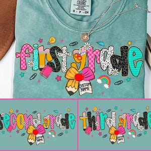 Preppy First/Second/Third Grade Pencil Coquette Bow Doodle Png, Custom Teacher Name Png, Preppy Teach Love Inspire Png, Checkered , Leopard