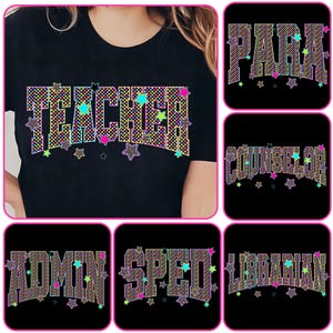Retro Back to School Neon Checkered Png Bundle, School Occupation Png, First Day Of School Teacher Sped Para Librarian Png, Bright Color Png