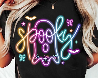 Cute Colorful Neon Spooky Ghost Png, Halloween Boo Bow Png, Neon Halloween PNG, Boo Ghost Shirt Png, Cute Boo Halloween Sublimation Design