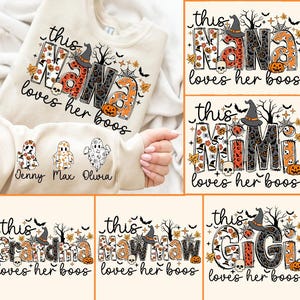 May include: A set of six Halloween-themed shirts featuring the words "this [name] loves her boos" with a spooky design. The names include Nana, Mimi, Grandma, Mawmaw, and Gigi. Each shirt is cream colored with black and orange accents.