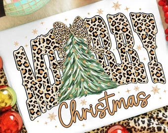Retro fröhlicher Weihnachtsbaum Png, kokett Leopard Weihnachten Png, Faux Glitter Png, Tis Die Jahreszeit Png, Girly, Feiertag Png, Girly, beunruhigt