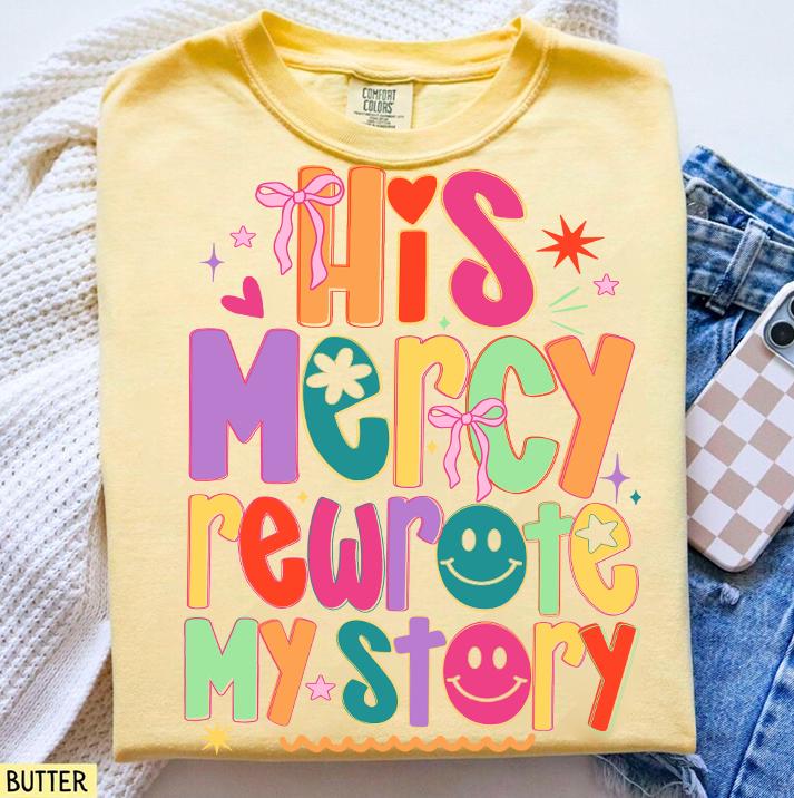 Preppy His mercy rewrote my story PNG, Religious PNG, Trendy Png, Neon Smiley Png, Millennial Png, Coquette Png, Hand Lettered Png