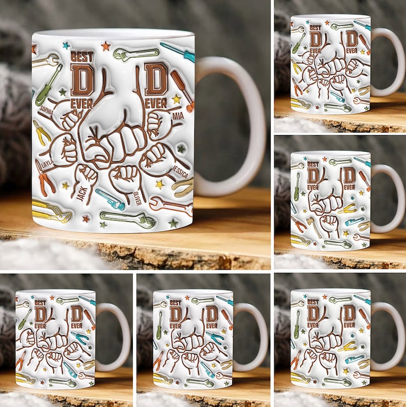 3D Father's Day Fist Bump Mug PNG, Father's Day Design, Best Dad Ever Ever Fist Bump Mug Wrap, Dad with Kids Names, Digital download zdjęcie 1