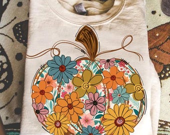 Floral Pumpkin Png, Boho Fall Pumpkin Shirt Design, Retro Autumn Sublimation, Preppy Disty Floral Fall Png, Pumpkin Spice Png, Hand Drawn