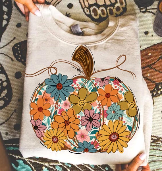 Floral Pumpkin Png, Boho Fall Pumpkin Shirt Design, Retro Autumn Sublimation, Preppy Disty Floral Fall Png, Pumpkin Spice Png, Hand Drawn