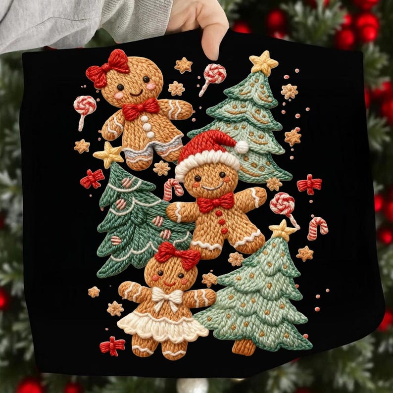 Op de afbeelding: Zwarte stof met een kerstthema. Het ontwerp bevat peperkoekenmannetjes met rode strikken en hoeden, kerstbomen, sterren en zuurstokken. De peperkoekenmannetjes hebben lachende gezichten en zijn omringd door decoratieve elementen.