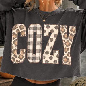 May include: A charcoal gray cropped sweatshirt featuring the word COZY in large block letters. The letter C has a brown leopard print, the O has a black and white buffalo check pattern, the Z has black polka dots, and the Y has leopard print.