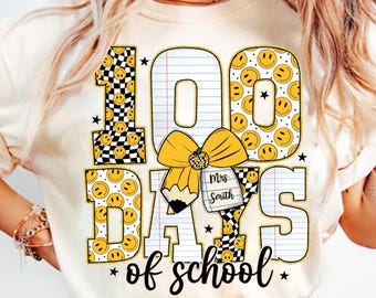 100 días de colegio (Png), lápiz con lazo coqueto (Png), camisa de profesor/a/a y estudiante (Png), purpurina a cuadros (Png), 100 días preppy (Png), descarga digital