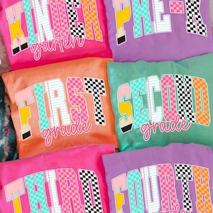 Retro Back to School Girls PNG Checkered Bundle, Kindergarten Kid Design, First Day Shirt PNG, Pre-K to Fourth Grade Png, School Girl File
