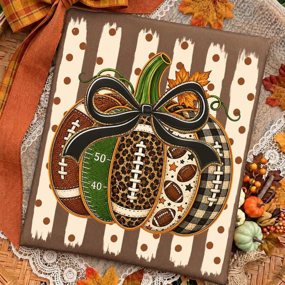 Preppy Fall Pumpkin Football Png, Game Day Png, Football Mom PNG, Football Leopard Checkered Dots Gingham Png, Football Bow Png, Fall Sports