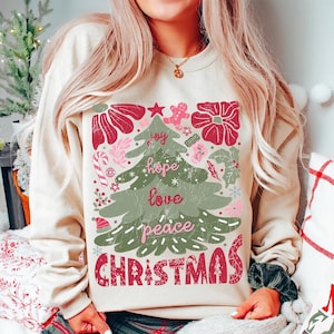 Boho Floral Christmas Png, Joy Hope Love Peace Christmas Hand Drawn Png, Christmas Sublimation, Coquette Christmas Png, Girly Christmas Tree