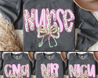 Preppy Nurse Blue Floral Bow PNG Bundle, Boho CNA Nicu RN Sublimation Design, Girly Coquette Bow Trendy Nurse Life Shirt Clipart