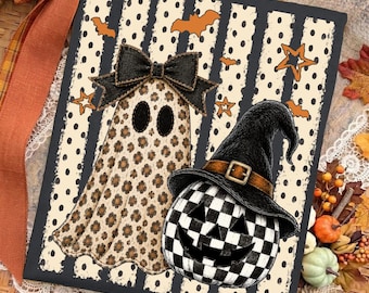Preppy Halloween Ghost with Pumpkin PNG, Spooky Seasson PNG, Fall Pumpkin PNG, Cute Fall Ghost Png, Trendy Halloween Png, Leopard, Dos