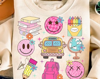 Back to School Coquette PNG Digital File, Smiley Face, School bus Png, Books png, Globe png, Flowers png, Girl school png, Pencil png design