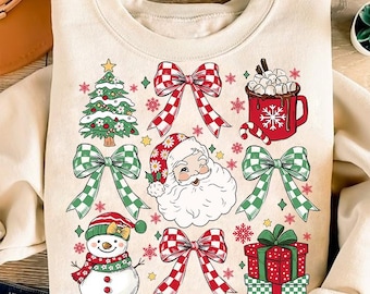 Coquette Christmas png, Christmas sublimation, Retro Holidays png, Hot Cocoa, Candy Cane, Santa Coquette Bow Checkered, Girly Christmas Png