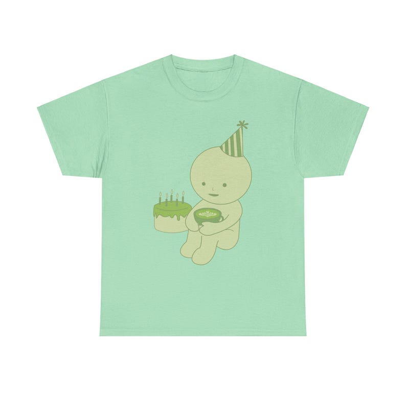 Smiski Birthday Hat Matcha Tee, Cute Unisex Graphic Tshirt for Celebrations, Kawaii Tee, Fun Birthday Gift Shirt, Matcha Lover Shirt, image 2