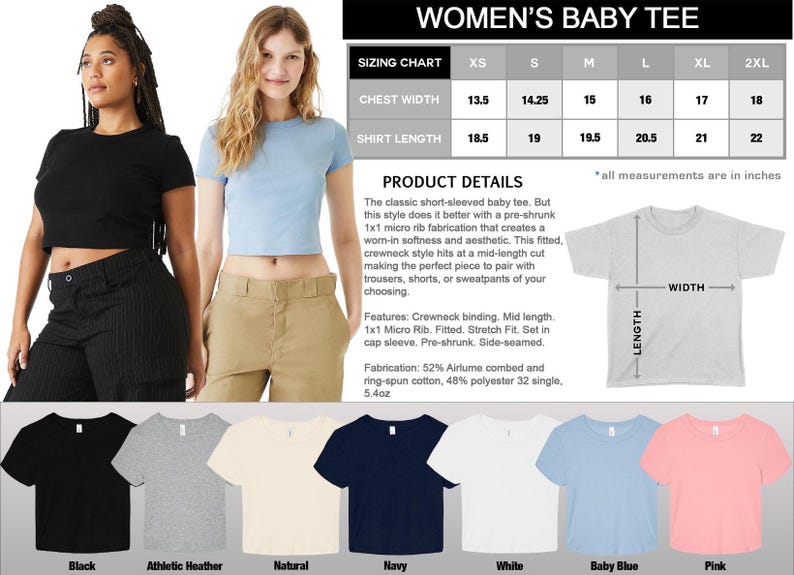 Puede incluir: Una tabla de tallas para una camiseta de beb&eacute; para mujer, que muestra las medidas de ancho de pecho y largo de la camiseta en pulgadas para las tallas XS a 2XL. La tabla va acompa&ntilde;ada de una descripci&oacute;n del producto y una foto de una modelo con una camiseta de beb&eacute; azul claro. La descripci&oacute;n del producto destaca las caracter&iacute;sticas de la camiseta, incluida la composici&oacute;n de la tela y el ajuste.