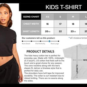 K&ouml;nnte beinhalten: Gr&ouml;&szlig;entabelle f&uuml;r Kinder-T-Shirts mit Ma&szlig;en in Zoll f&uuml;r Brustweite und Shirtl&auml;nge. Die Tabelle zeigt die Gr&ouml;&szlig;en XS, S, M, L und XL. Die Tabelle enth&auml;lt auch einen Abschnitt mit Produktdetails mit Informationen &uuml;ber den Stoff und die Konstruktion des T-Shirts.