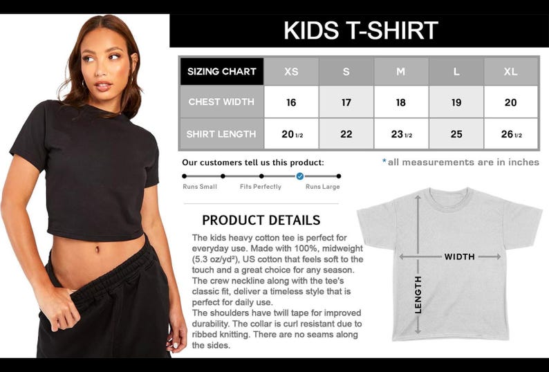K&ouml;nnte beinhalten: Gr&ouml;&szlig;entabelle f&uuml;r Kinder-T-Shirts mit Ma&szlig;en in Zoll f&uuml;r Brustweite und Shirtl&auml;nge. Die Tabelle zeigt die Gr&ouml;&szlig;en XS, S, M, L und XL. Die Tabelle enth&auml;lt auch einen Abschnitt mit Produktdetails mit Informationen &uuml;ber den Stoff und die Konstruktion des T-Shirts.
