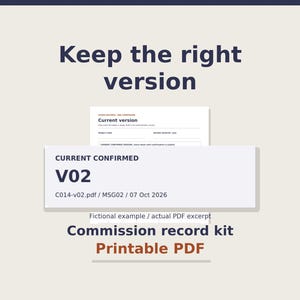 May include: A commission record kit printable PDF document featuring the text Keep the right version, Current version, and a highlighted box displaying CURRENT CONFIRMED V02, C014-v02.pdf / MSG02 / 07 Oct 2026, and Fictional example / actual PDF excerpt.