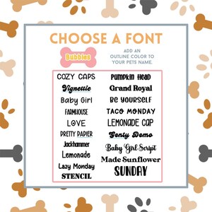 May include: A font selection chart for pet name customization featuring the text CHOOSE A FONT and ADD AN OUTLINE COLOR TO YOUR PETS NAME. The chart displays twenty distinct black font styles arranged in two columns against a white background.