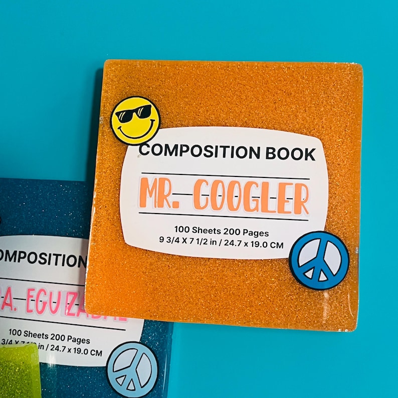 Posavasos personalizado para profesores: pisapapeles de resina con purpurina para cuadernos. Orange With Stickers