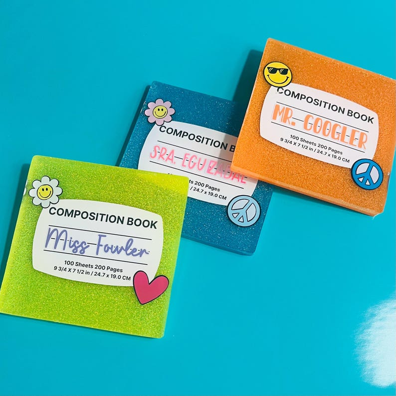 Posavasos personalizado para profesores: pisapapeles de resina con purpurina para cuadernos. Blue with Stickers