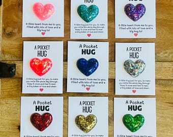Corazón de bolsillo hecho a mano con forma de abrazo, recuerdo personalizado con purpurina