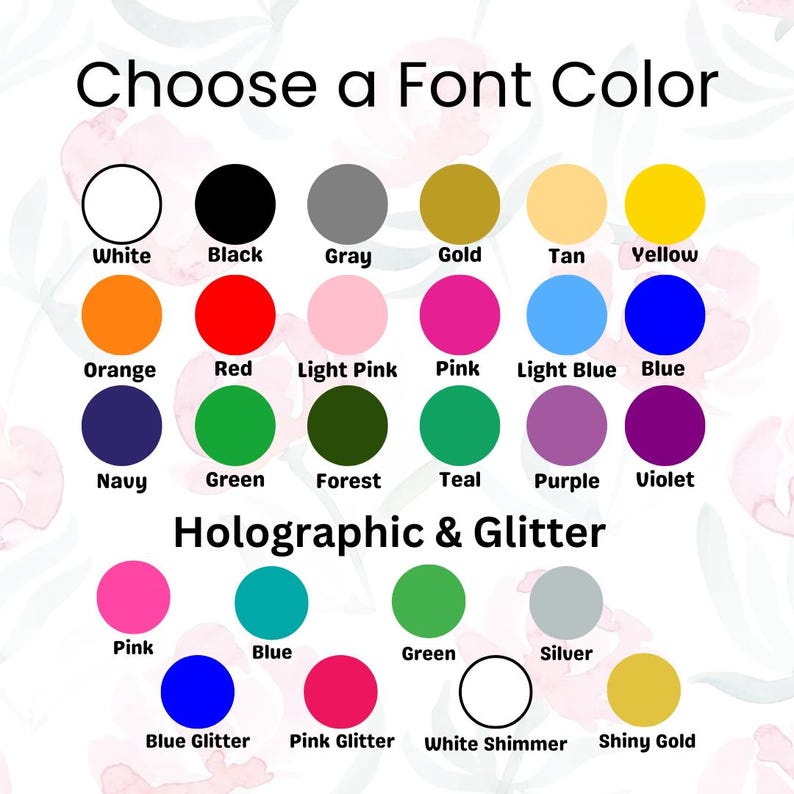 Puede incluir: Una tabla de colores que muestra varias opciones de color de fuente para un proyecto de dise&ntilde;o. La tabla incluye colores s&oacute;lidos como blanco, negro, gris, dorado, tostado, amarillo, naranja, rojo, rosa claro, rosa, azul claro, azul, azul marino, verde, verde bosque, turquesa, morado y violeta. Tambi&eacute;n incluye opciones hologr&aacute;ficas y de brillo como rosa, azul, verde, plateado, brillo azul, brillo rosa, brillo blanco y dorado brillante.