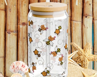 Kitty Bees Cat Sipper Glass Tumbler: 16oz Iced Coffee Cup with Straw