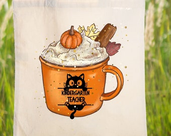Custom Teacher Tote Bag: Pumpkin Latte Design, Personalized Cotton Canvas
