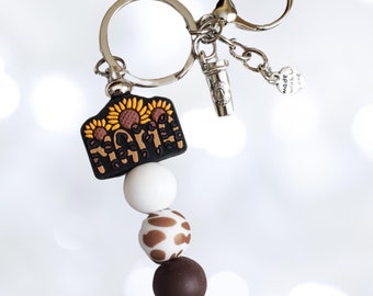 Handmade Sunflower Mom Keychain: Coffee Charm, Silicone Bead Accessory