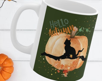 Pumpkin Moon Cat Ceramic Mug - Hello Autumn 11oz