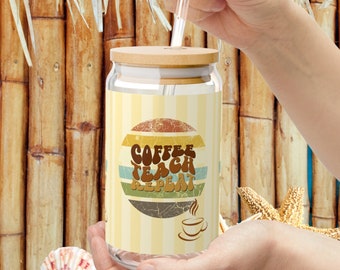 Retro Coffee Teach Repeat Sipper Glass 16oz, Teacher Gift, Coffee Lover, Iced Coffee, Teaching Assistant Gift, Tumbler, Gift for Her, Beach