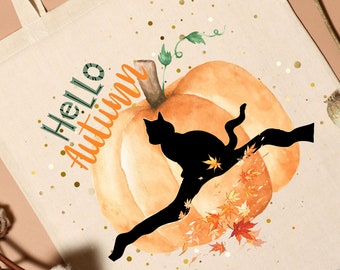 Pumpkin Moon Cat Cotton Canvas Tote Bag, Cotton Canvas Bag, Cat Lover, Aesthetic Tote Bag, Eco-Friendly, Teacher Bag, Teacher Appreciation