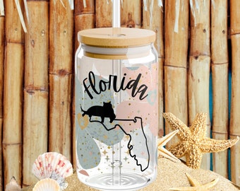 Florida Cat Sipper Glass Tumbler: 16oz Iced Coffee Cup with Straw