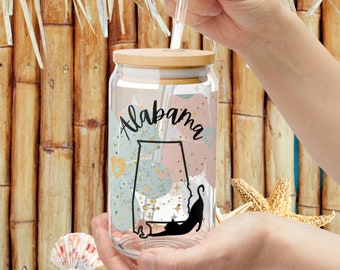 Alabama Cat Sipper Glass Tumbler: 16oz Iced Coffee Cup
