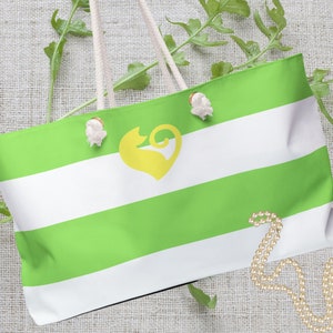 Spring Green Striped Weekender Bag,Custom Tote Bag, Beach Bag, Bridesmaid Tote, Bridesmaid Bag, Bachelorette Gift Bag, Honeymoon Bag, Luxury