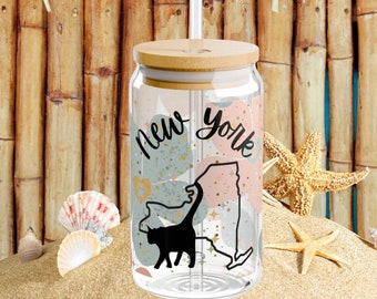NY Cat Glass Tumbler: 16oz Iced Coffee Sipper with Bamboo Lid