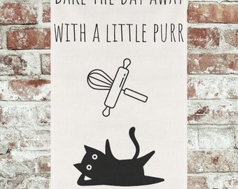 Funny Cat Tea Towel: "Bake the Day Away" Cotton Twill Kitchen Decor