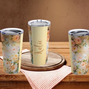 Personalized Peach Roses Tumbler: Insulated Stainless Steel 20oz