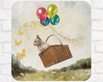 Balloon Ride Kitty Cork Coaster Set: Whimsical Cat Lover Gift