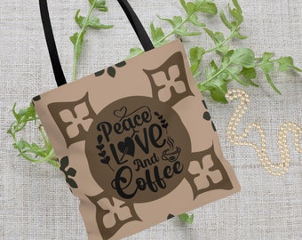 Peace Love and Coffee Tote Bag, Handbag, Aesthetic Bag, Coffee Bag, Coffee Tote Bag, Mom Gift, Designer Bag, Aesthetic Tote Bag, Coffee Tote