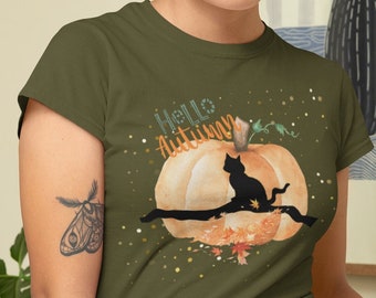 Pumpkin Moon Cat T-Shirt: Hello Autumn Unisex Tee