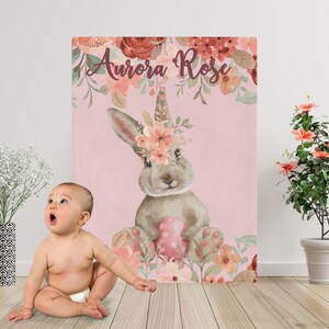 Personalized Baby Bunny Minky Blanket: Floral Newborn Gift