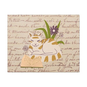 May include: A cartoon illustration of a cat reading a book. The cat is white with orange spots and is lying on its side. The book is open and has a brown cover. The background is a vintage-looking piece of paper with handwritten text.
